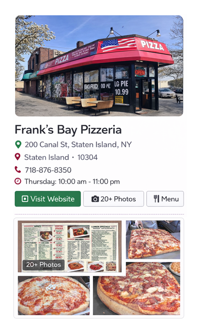 Frank’s Bay Pizzeria listing preview showing its address, phone number, hours, menu and photo gallery.